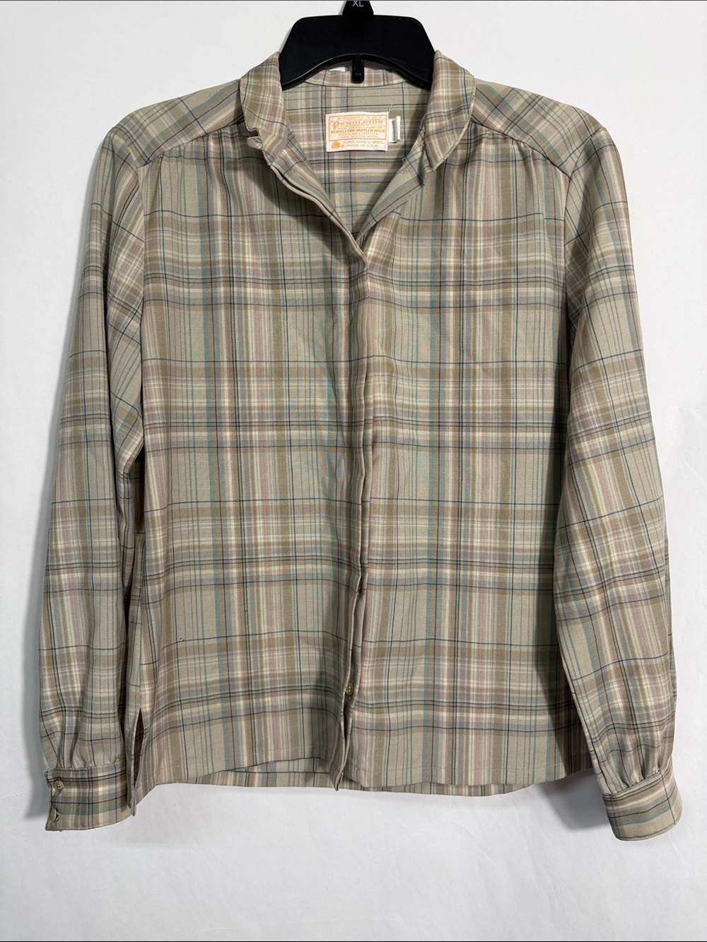 Vintage Pendleton 100% Virgin Wool Plaid Blouse Sage & Taupe Size 12